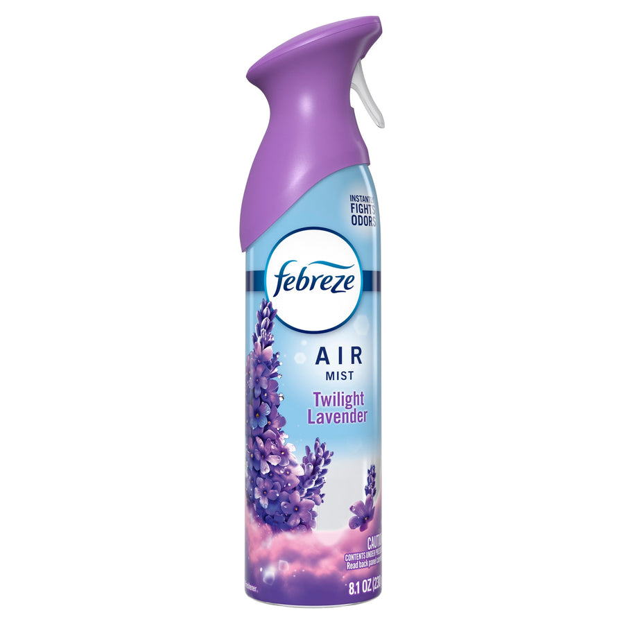 Febreze Air Mist Twilight Lavender aerosol bottle with purple trigger and lavender floral label on white background