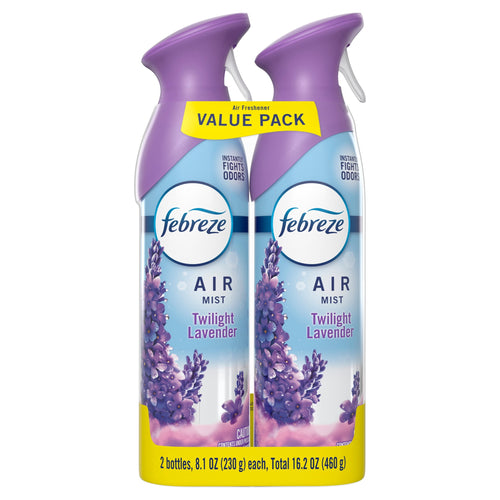 Two Febreze Air Mist Twilight Lavender aerosol cans with purple caps and a yellow “VALUE PACK” banner on a white background.