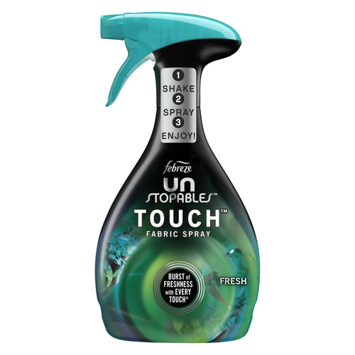 Clear product shot of a Febreze Unstopables Touch fabric spray bottle with teal trigger and green label