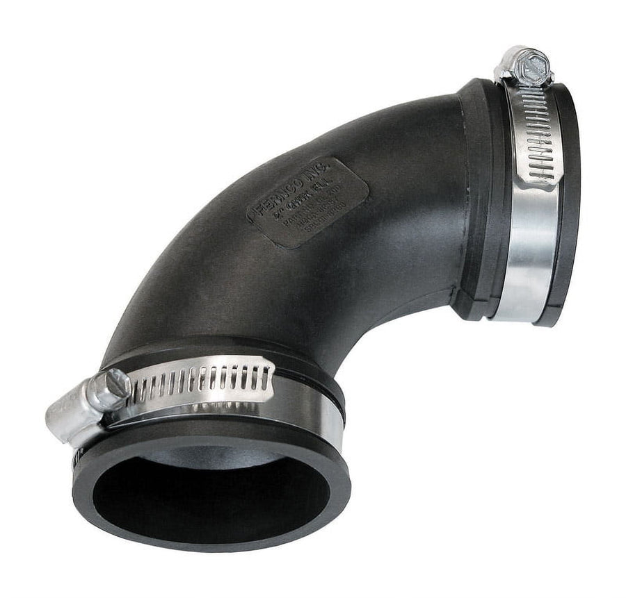 Fernco black flexible 90° rubber elbow coupling with two stainless steel hose clamps and hub ends