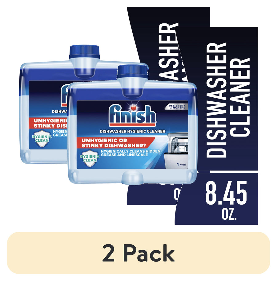 Two Finish dishwasher hygienic cleaner bottles displayed with a navy banner showing 'dishwasher cleaner' and '8.45 oz.'