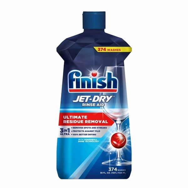 Front view of a blue Finish Jet‑Dry rinse aid bottle with branding, powerball graphic and product claims