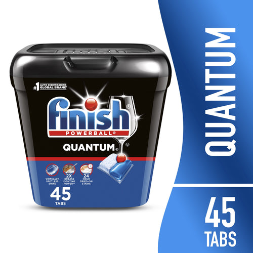 Finish Quantum black resealable tub with blue label showing a detergent pod and '45 tabs' callout