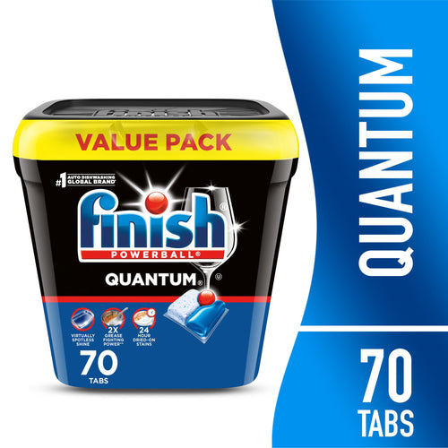 Finish Quantum black resealable tub with yellow value-pack lid and blue branding showing one detergent pod