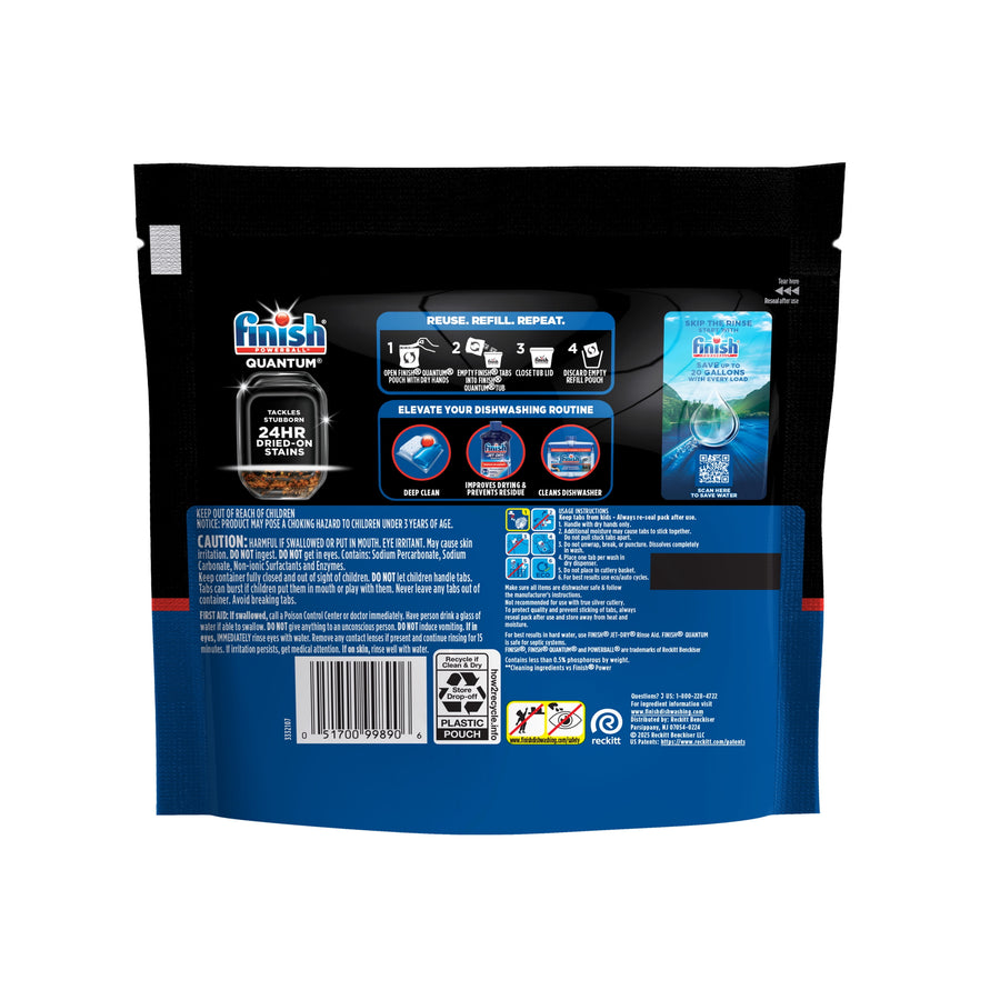 Back of a Finish Quantum resealable pouch showing usage icons, barcode and product information panel