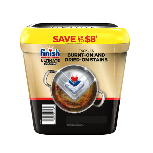 Finish Ultimate Quantum dishwasher pods gold plastic tub with yellow lid and product badge