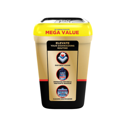Side panel of Finish Ultimate Quantum tub showing three benefit icons and Mega Value yellow band