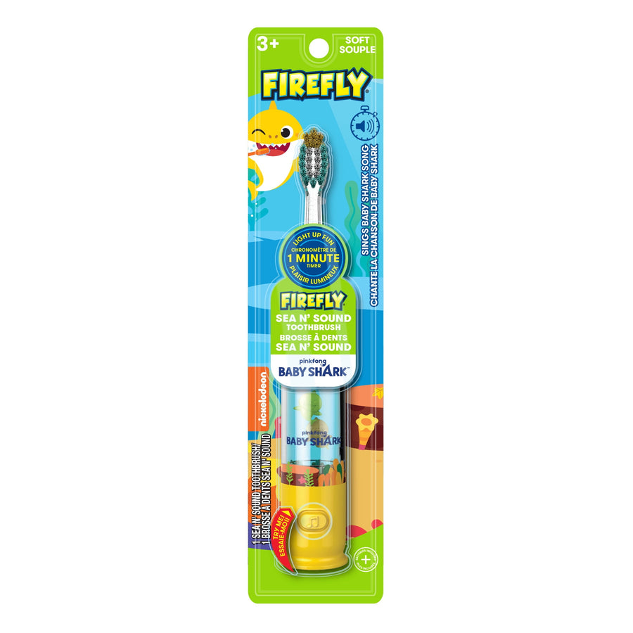Single Firefly Sea N' Sound Baby Shark kids toothbrush in green and blue blister card packaging