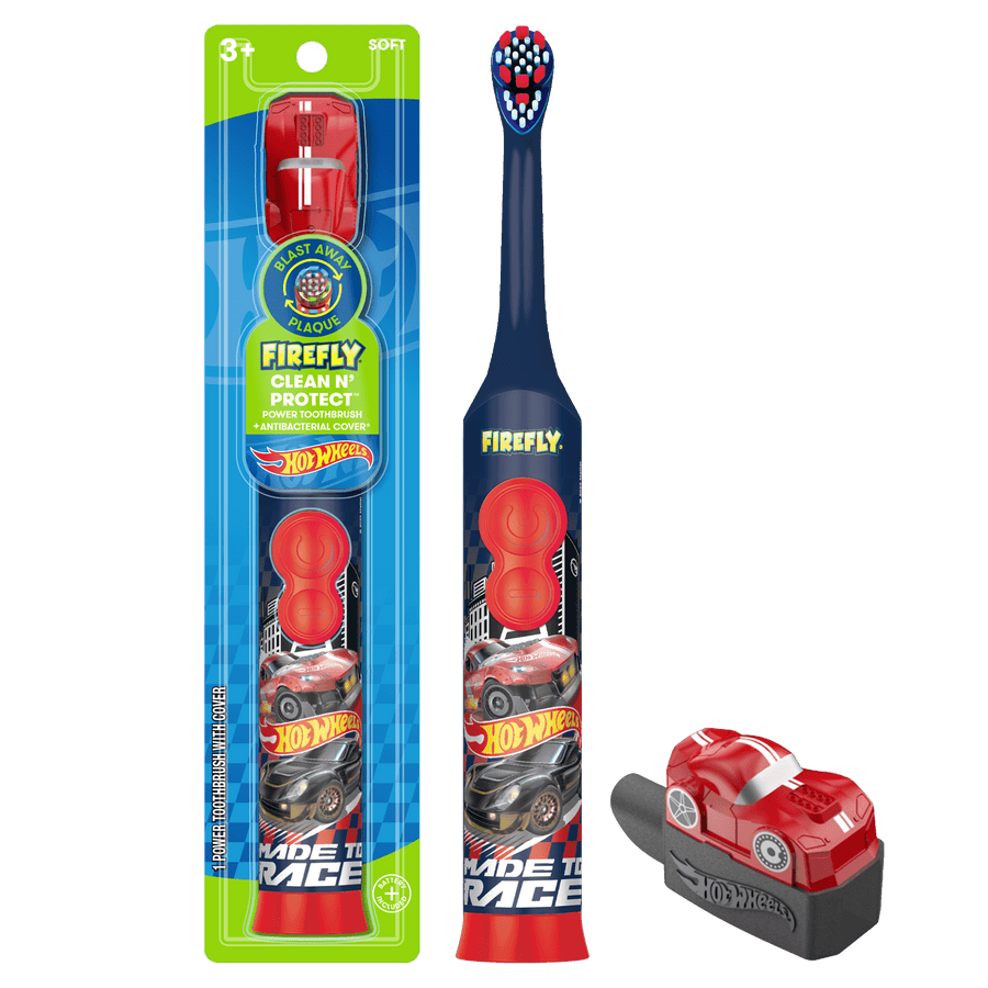 Unboxed Firefly Hot Wheels electric toothbrush with navy handle, car graphics and separate red car-shaped antibacterial cover
