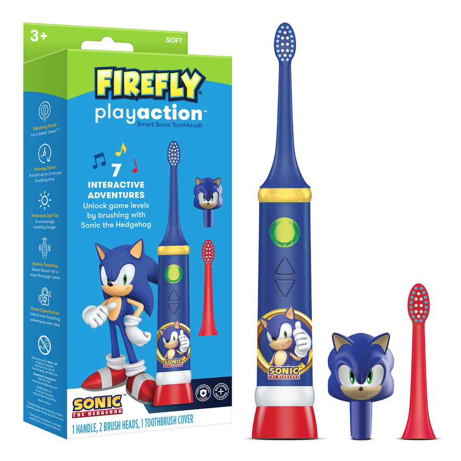 Packaged Firefly Play Action Sonic the Hedgehog kids sonic power toothbrush with extra brush heads and Sonic cover