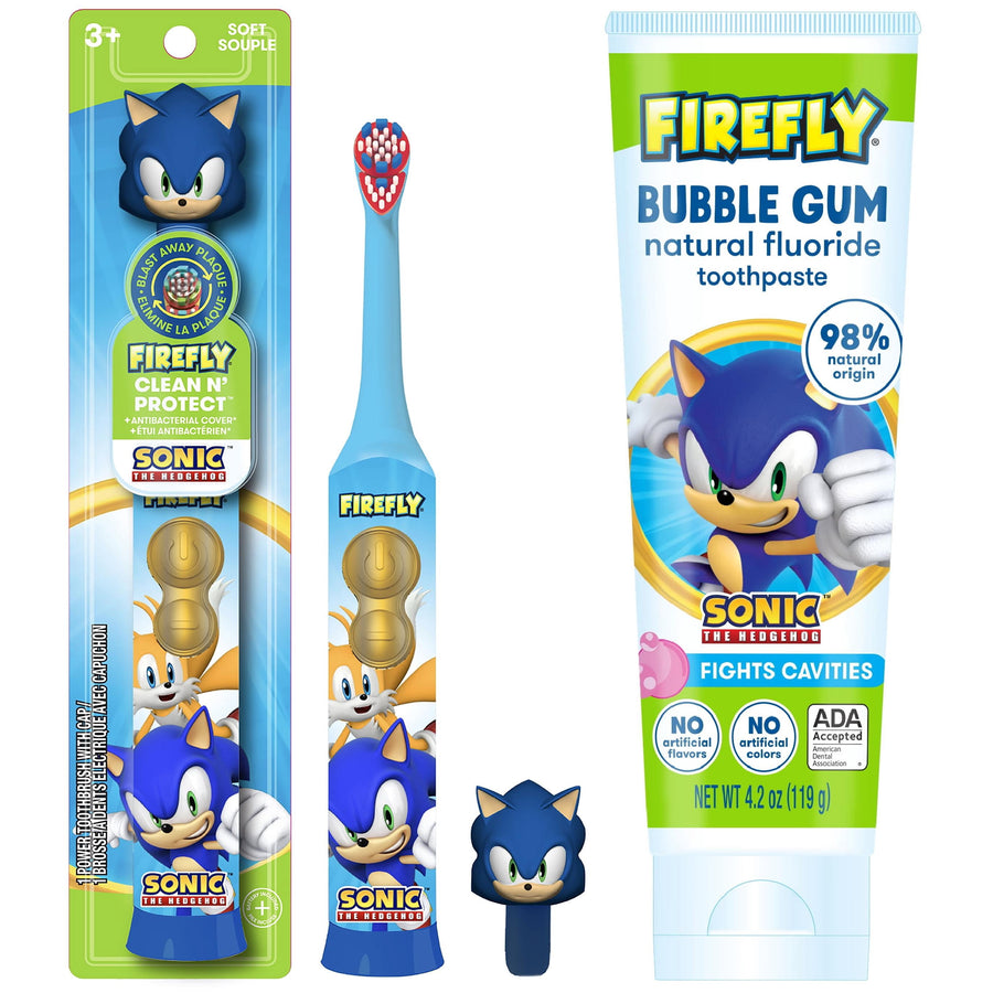 Firefly Sonic the Hedgehog battery toothbrush and matching Sonic bubble gum toothpaste shown side-by-side on white background