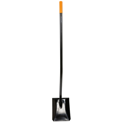 Full-length Fiskars all-steel transfer shovel with black shaft and orange grip on white