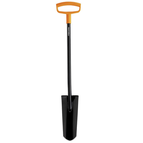 Full-length Fiskars D-handle steel transplant spade with black shaft and orange D-grip on white background.