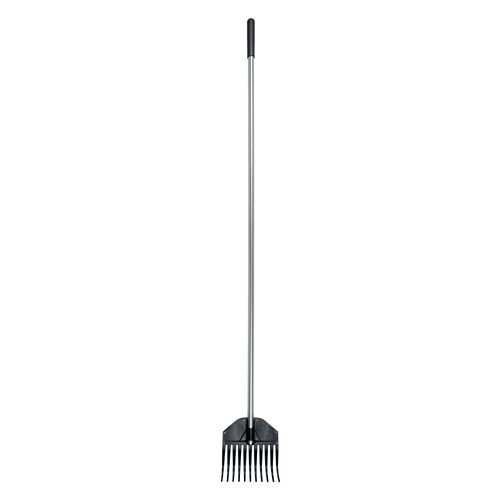 Full-length Fiskars shrub rake with aluminum handle and black resin tines on a white background