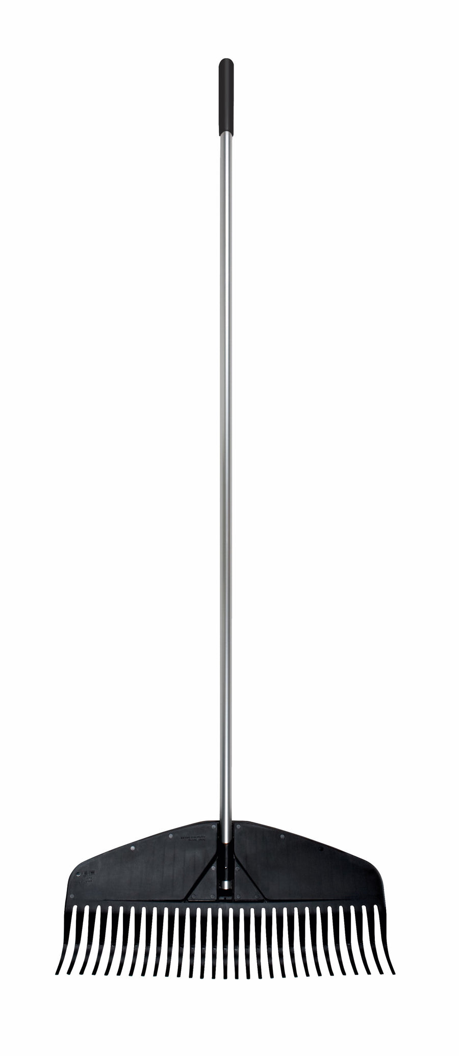 Full-length Fiskars leaf rake with aluminum shaft and wide black poly head shown against white background
