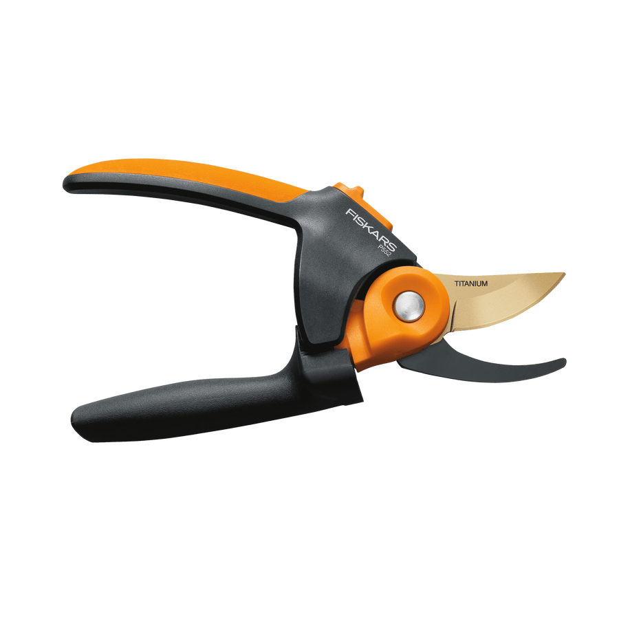 Fiskars PowerGear2 bypass pruner with titanium-coated curved blade and black-orange handle