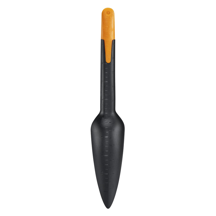 Single Fiskars seed planting trowel with black blade and orange handle shown on white background