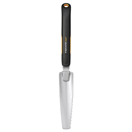 Single stainless steel garden weeder with black and orange soft-grip handle on white background