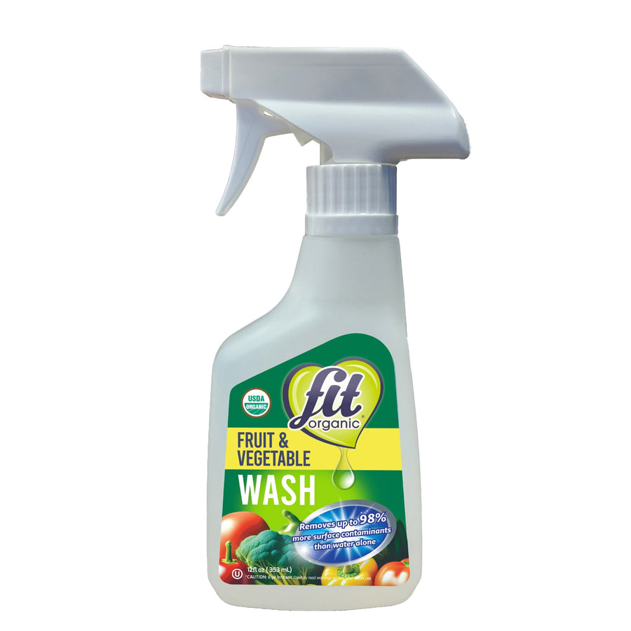 White trigger-spray bottle of Fit Organic Fruit & Vegetable Wash with green and yellow label and produce imagery