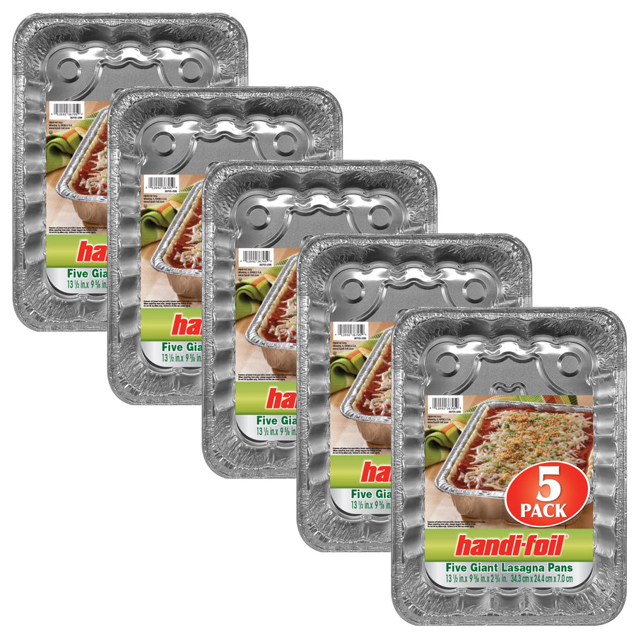 Five Handi-Foil giant lasagna pans displayed in a staggered row, each showing the product insert label with a lasagna photo