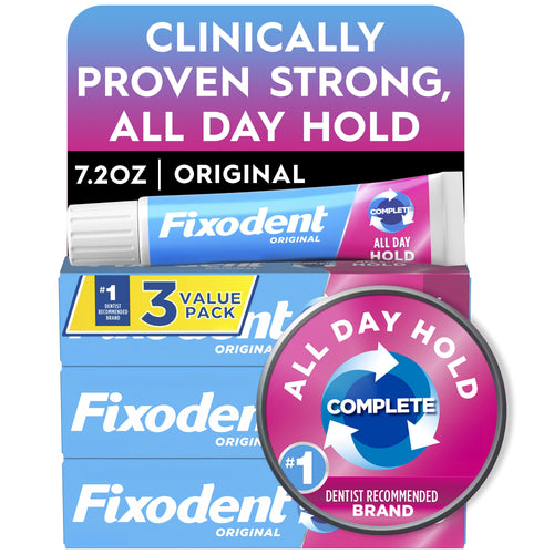 Stacked Fixodent Original denture adhesive boxes and a tube with a large 'All Day Hold' circular badge and clinical claim header.