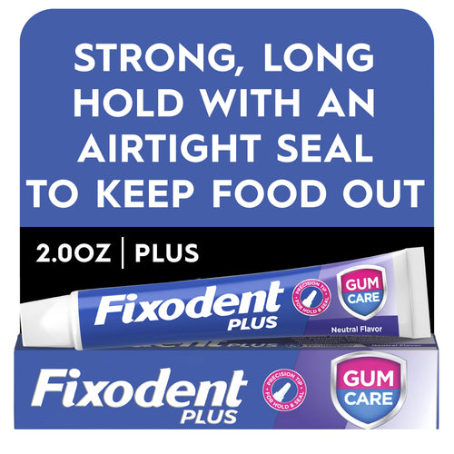 Fixodent Plus tube and box with bold headline about strong long hold and airtight seal, blue background