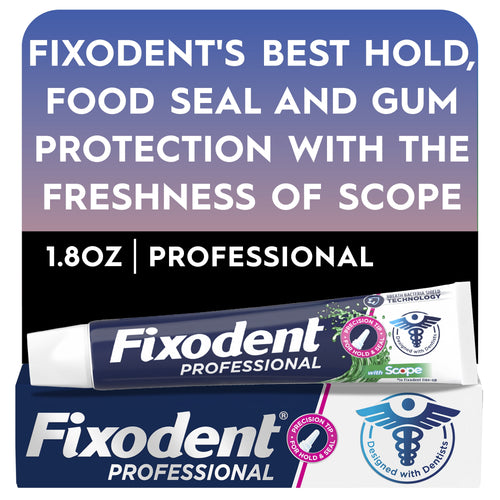 Fixodent Professional tube and boxed packaging on a graphic background promoting Scope freshness and 1.8oz professional denture adhesive.