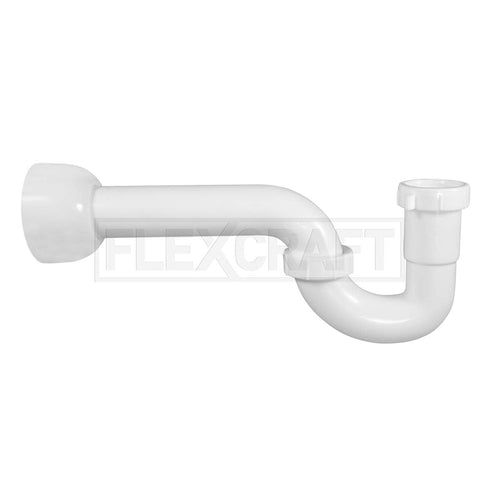 White Flexcraft plastic 1-1/2-inch P-trap assembly with adapter flange shown on white background