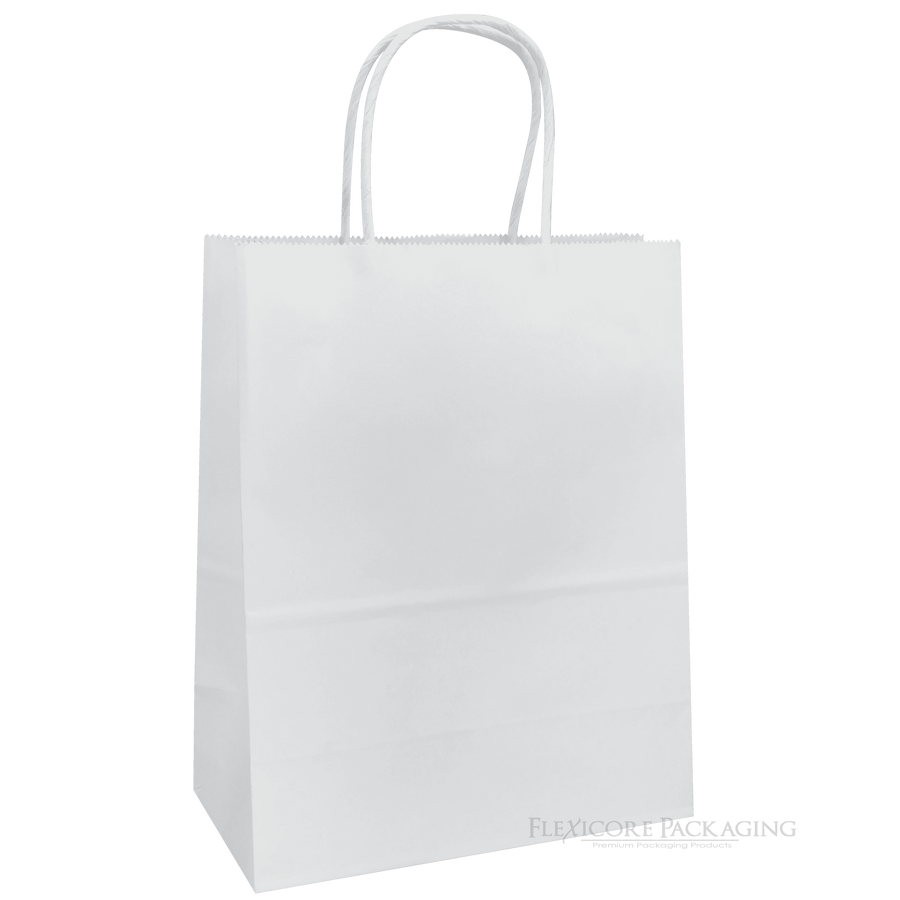 White Flexicore paper gift bag with twisted handles shown upright on plain background
