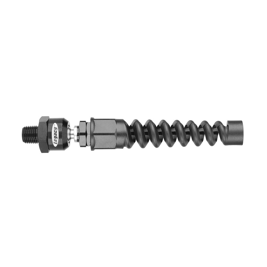Side view of a black anodized ball swivel fitting with protective spiral bend cover
