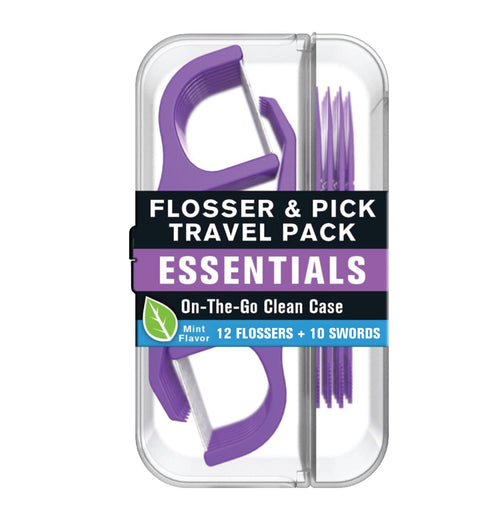 Clear plastic travel case showing purple flossers and picks with label reading “Flosser & Pick Travel Pack Essentials”