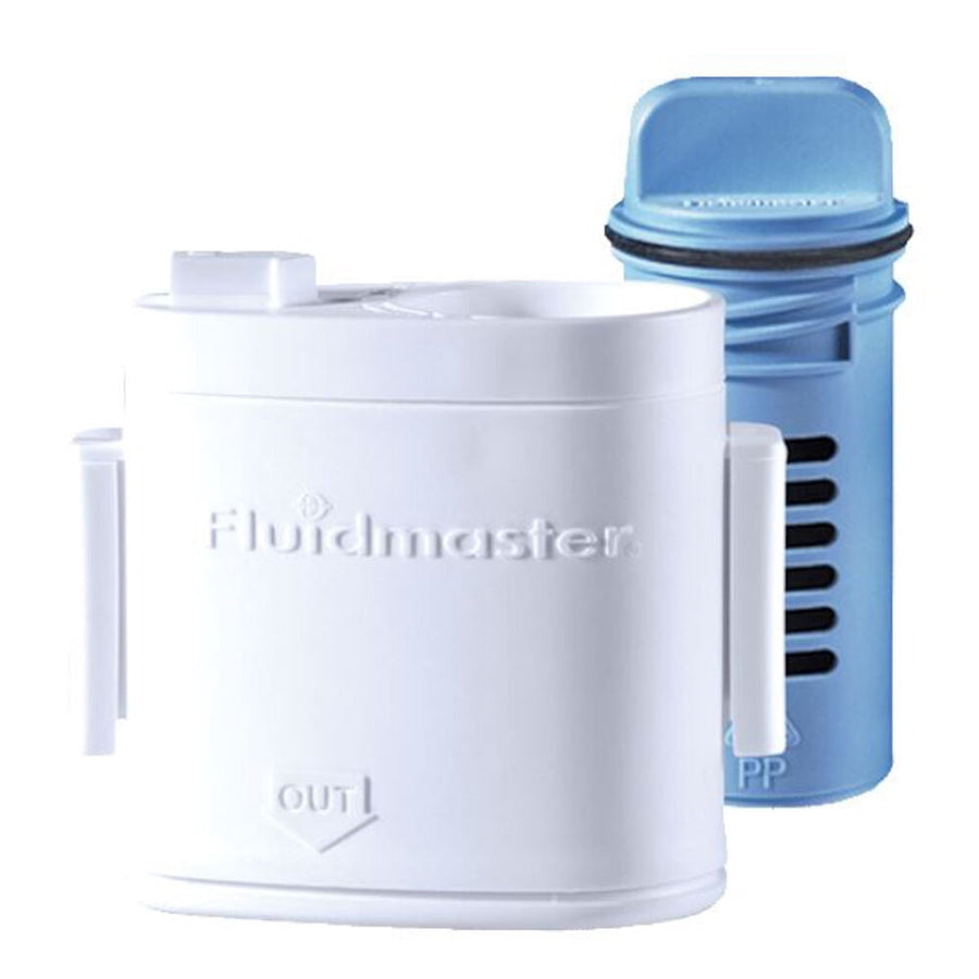 White Fluidmaster cartridge with a separate blue cleaning insert for toilet bowl cleaning system.