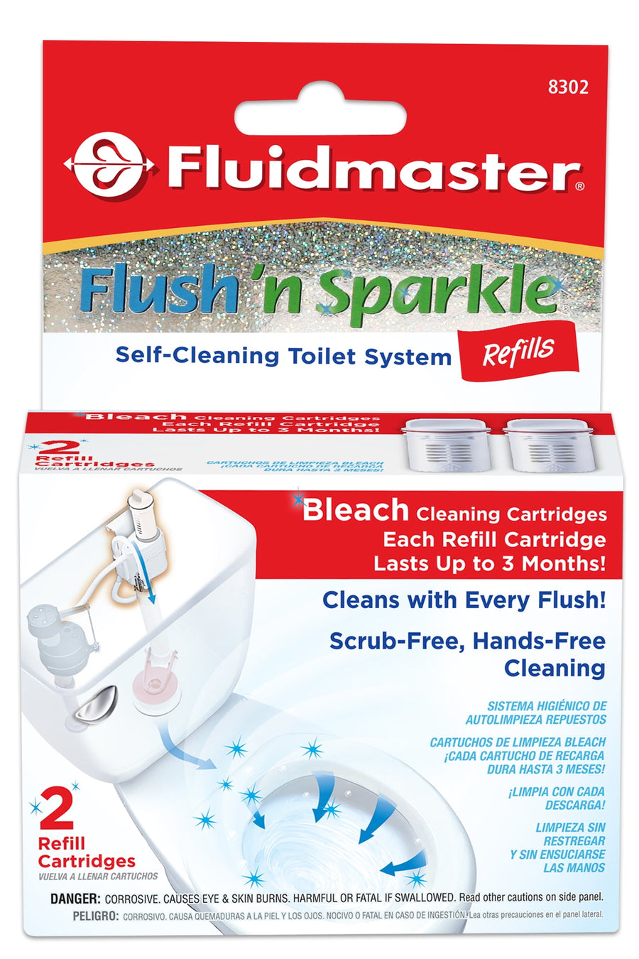 Front-facing retail carded package of Fluidmaster Flush 'n Sparkle refills with product name and bleach cartridge artwork
