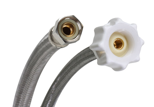 Close-up of two stainless braided water supply lines showing metal hex nut and white plastic click-seal connector end