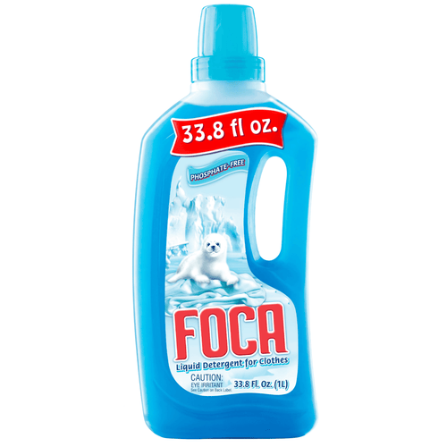 Blue FOCA liquid laundry detergent bottle with seal pup label and 33.8 fl oz callout on white background.