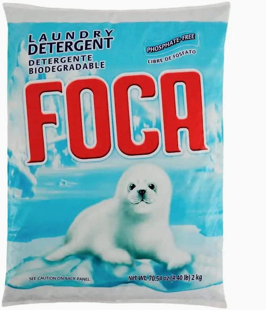 FOCA laundry detergent blue bag front with large red FOCA logo and white seal pup on ice