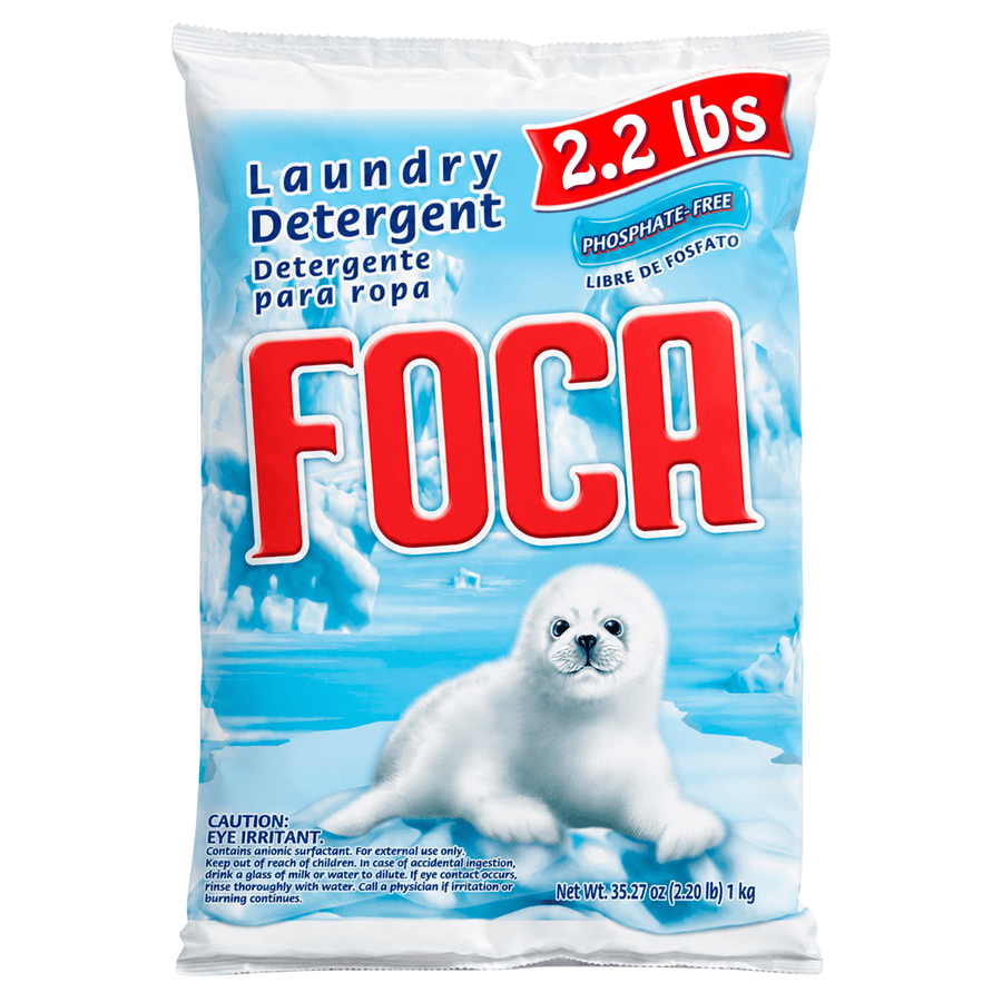 Single FOCA powder laundry detergent bag showing red FOCA logo, seal pup image and 2.2 lbs banner on blue background.