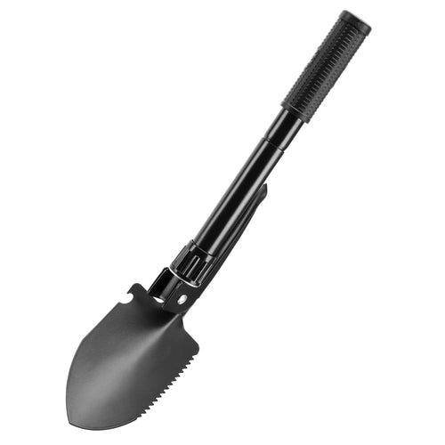 Close-up of a folded black metal shovel blade and telescoping handle with textured rubber grip on white background.