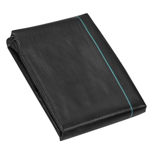 Folded black heavy-duty woven polypropylene weed barrier fabric with a visible green guide stitch on white background.