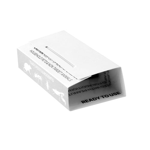 Folded white cardboard insect glue trap with open end and 'READY TO USE' text visible