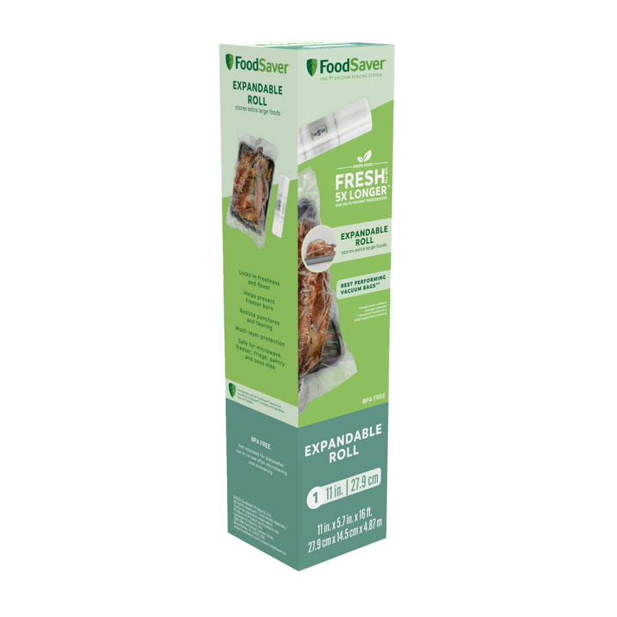Tall boxed FoodSaver expandable vacuum seal roll in green packaging showing product image and branding