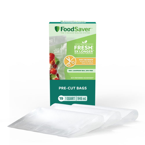 Box of FoodSaver pre-cut quart vacuum seal bags with three clear textured vacuum bags fanned in front on white background