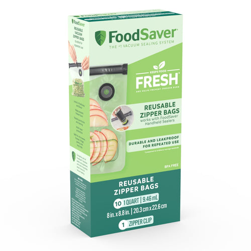 Boxed FoodSaver reusable quart zipper bags packaging with green branding and product window