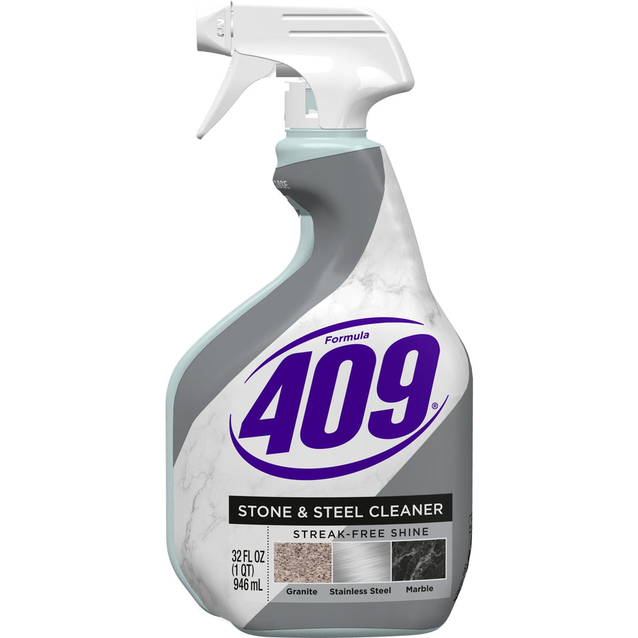 Front-facing spray bottle of Formula 409 Stone & Steel Cleaner with large purple 409 logo and usage icons