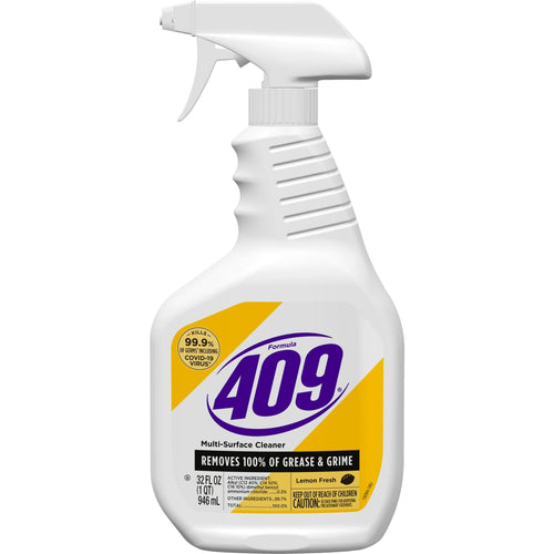 Single Formula 409 multi-surface spray bottle with yellow lemon-fresh label on a white background.