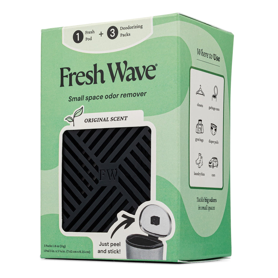 Fresh Wave branded small space odor remover boxed package showing a black pod through a front window and usage icons