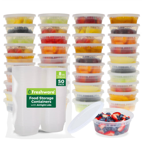 Stacks of clear round Freshware 8 oz plastic food containers with lids and one open container filled with berries, product pack shown