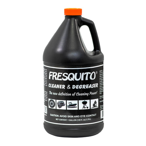Black one-gallon Fresquito cleaner & degreaser jug with orange cap and front label