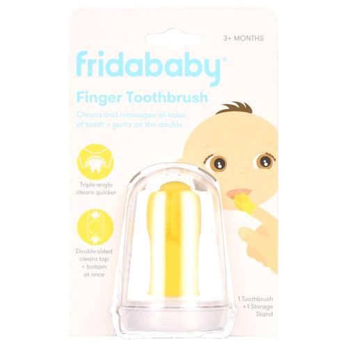 FridaBaby SmileFrida yellow finger toothbrush in blister pack with illustrated card backing