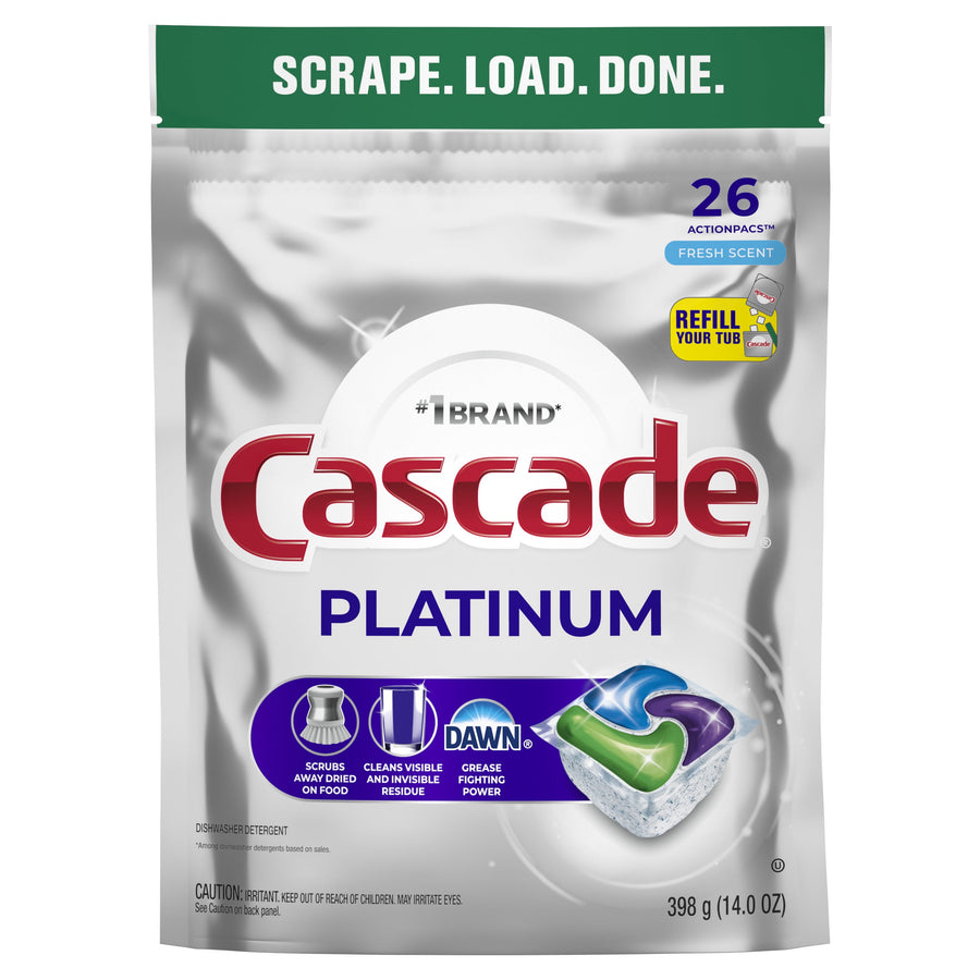 Front-facing silver bag of Cascade Platinum ActionPacs showing brand logo and product graphics